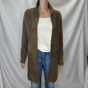 Soft Surroundings Long Line Fuzzy Open Sweater Taupe Brown Pockets SZ S Fuzzy